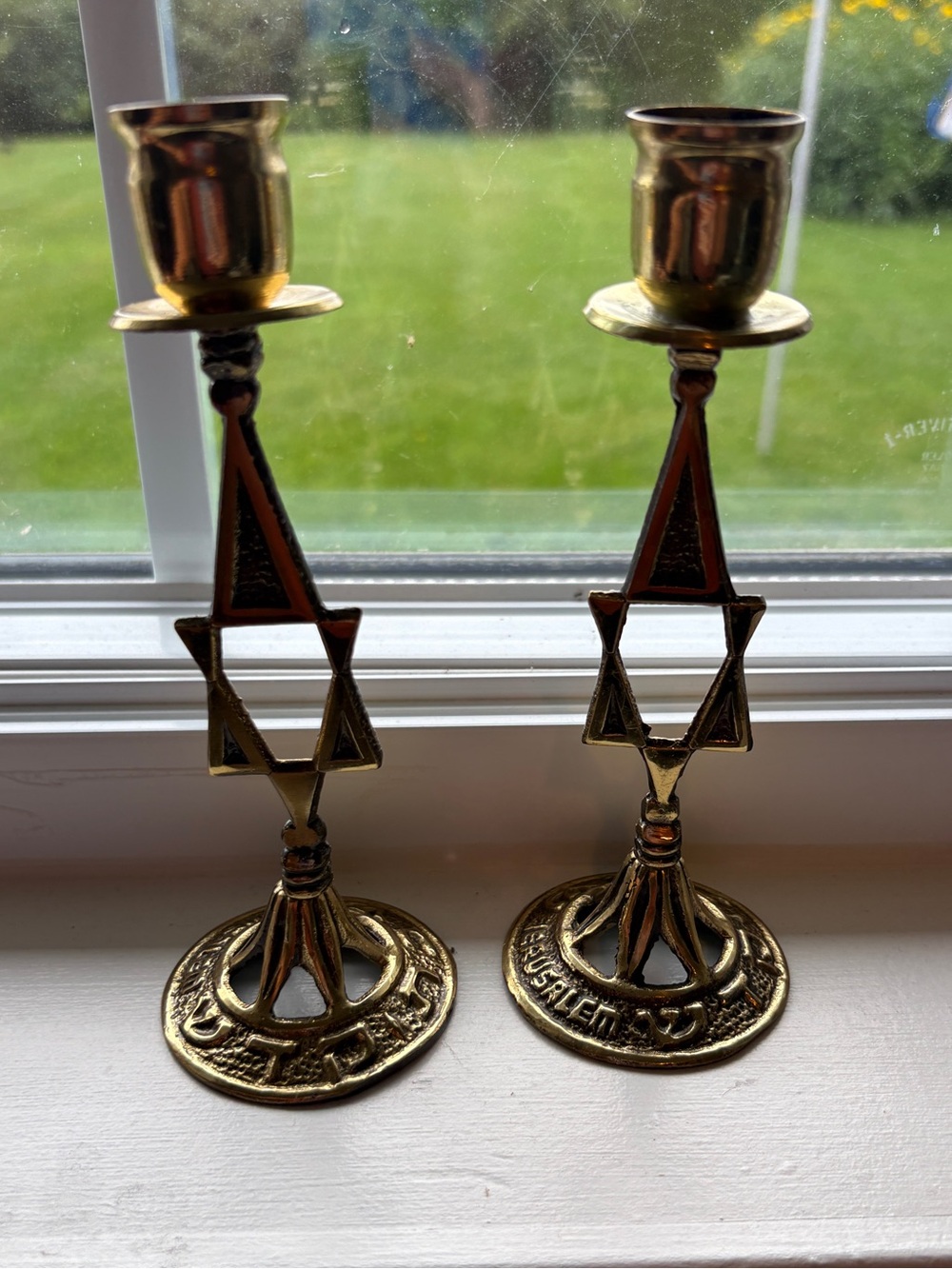 Vintage Brass Plated Candlesticks Pair Start of David Jerusalem Candle Holders
